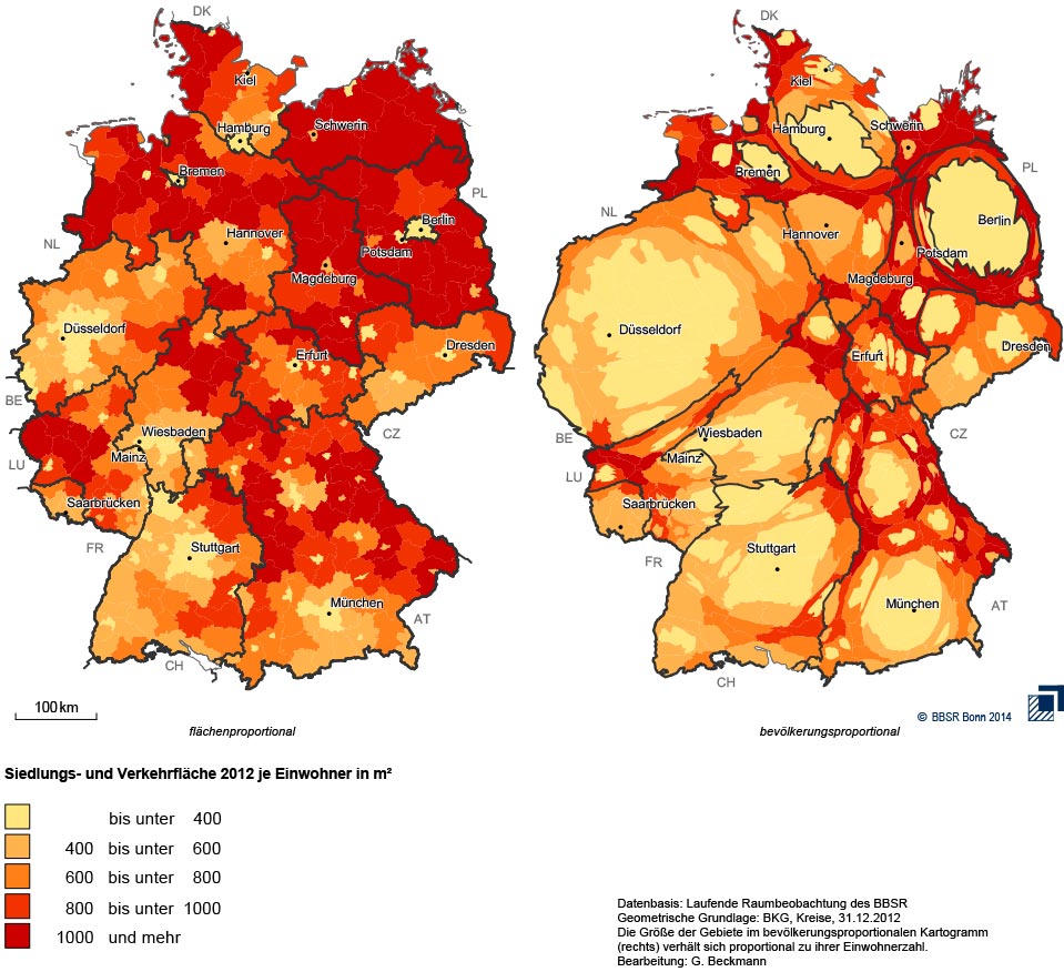 Deutschlandkarte mit der Siedlungs- und Verkehrsfläche 2012 je Einwohner in m²