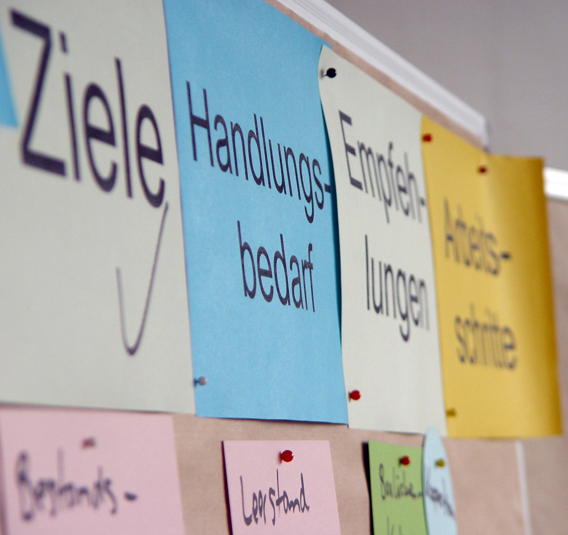 Stellwand mit Zetteln: Ziele, Handlungsbedarf, Empfehlungen und Arbeitsschritte